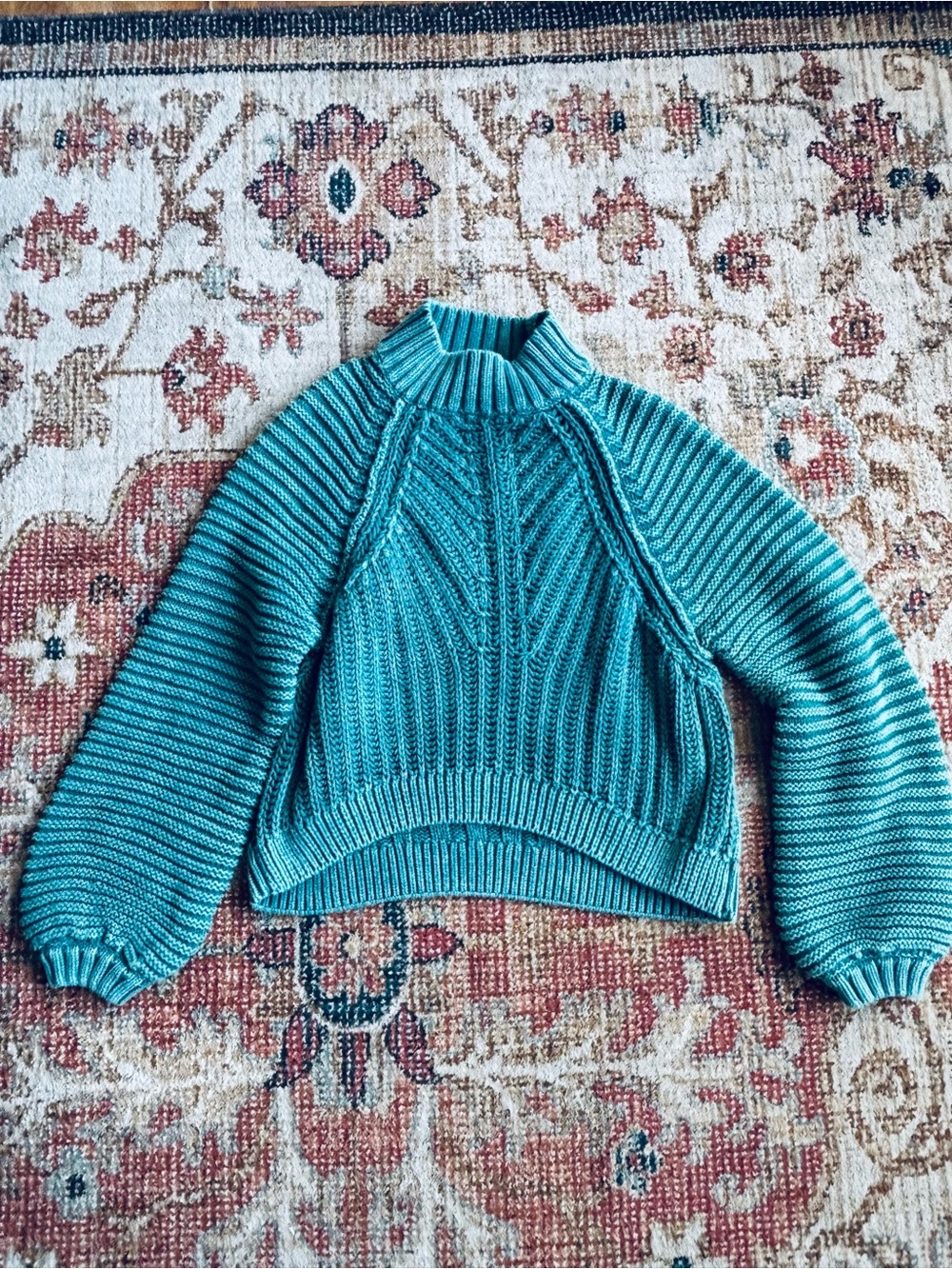 Free People Sweetheart Chunky Knit Mock Neck Sweater Teal Blue Size L